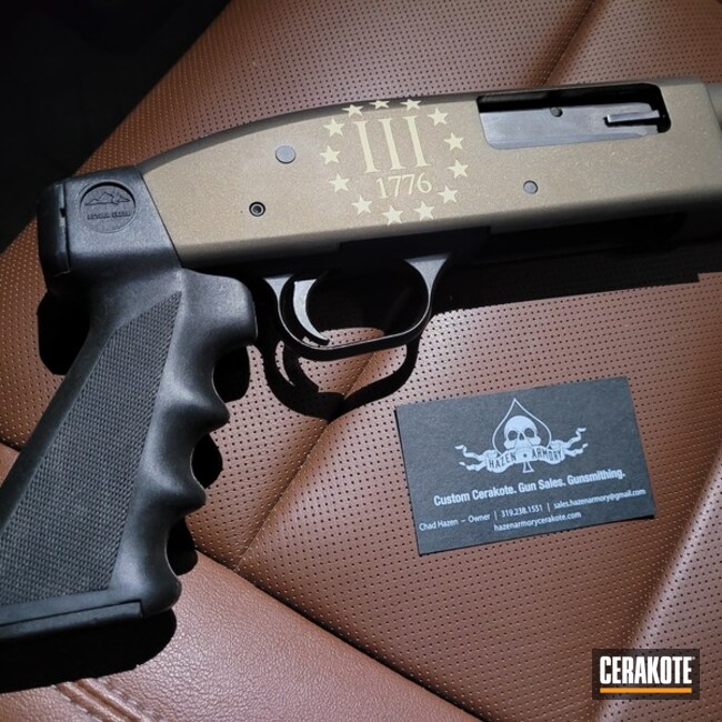 Mossberg 500 Shotgun Cerakoted Using Midnight Bronze, Benelli® Sand And Graphite Black