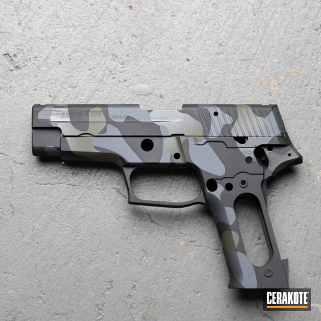 Custom Camo Sig Sauer P226 Pistol Cerakoted Using Armor Black, Sig™ Dark Grey And Sniper Grey