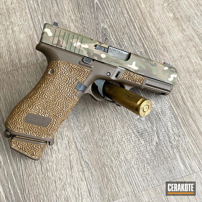 Multicam Glock 19x Pistol Cerakoted Using Multicam® Pale Green, Chocolate Brown And Coyote Tan
