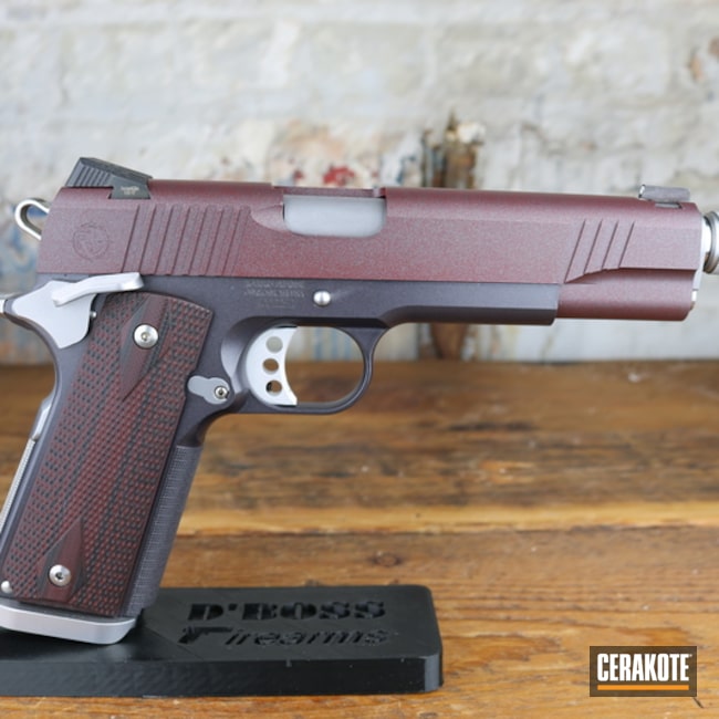 1911 Pistol Cerakoted Using Ruby Red And Carbon Grey