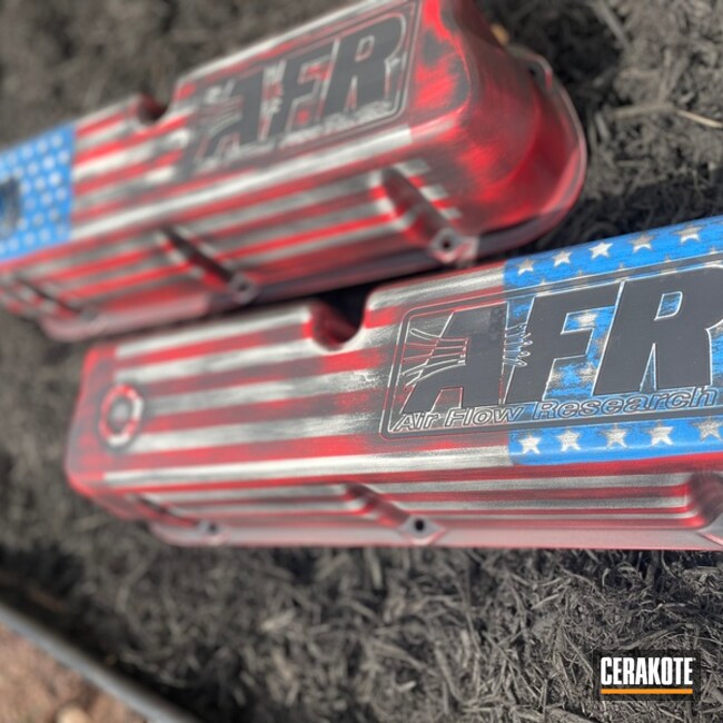 American Flag Themed Ford Mustang Valve Covers Cerakoted Using Armor Black, Frost And Usmc Red