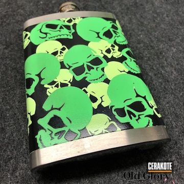 Custom Skull Themed Flask Cerakoted Using Parakeet Green, High Gloss Armor Clear And Gloss Black