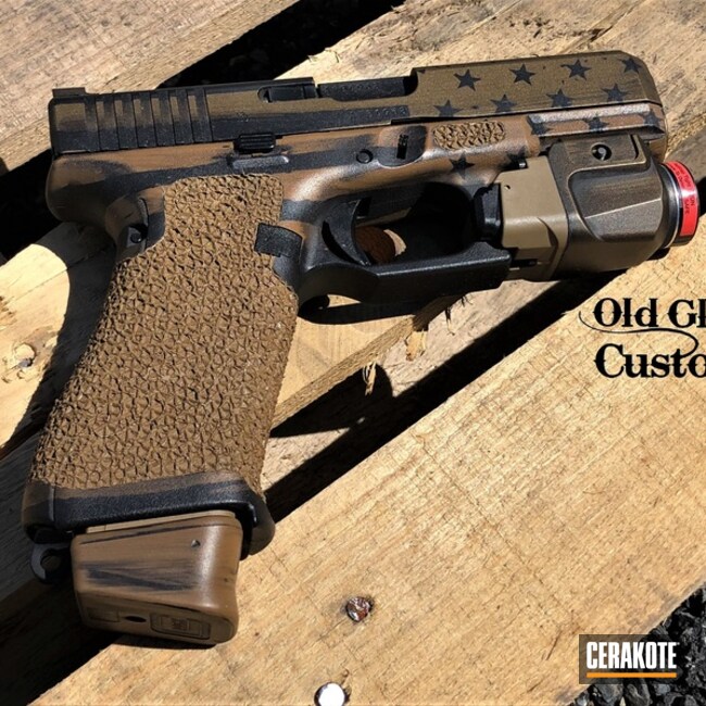 Battleworn American Themed Glock 19x Pistol Cerakoted Using Graphite Black, Burnt Bronze And Ral 8000