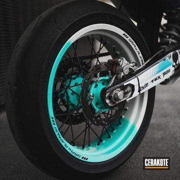 Custom Two Tone Smpro Motorcycle Wheels Cerakoted Using Stormtrooper White, Cobalt And Robin's Egg Blue