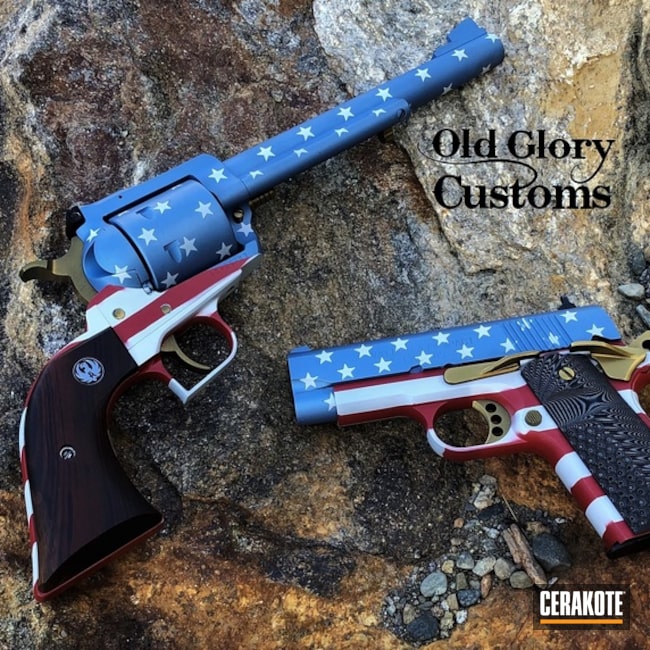 American Flag Themed Ruger Super Blackhawk Revolver And Springfield Amory V10 1911 Pistol Cerakoted Using Frost, Habanero Red And High Gloss Ceramic Clear