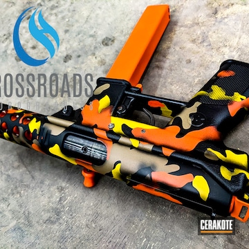 Custom Camo Tec-9 Pistol Cerakoted Using Hunter Orange, Electric Yellow And Glock® Fde
