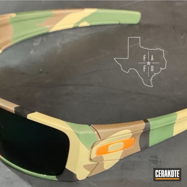 Woodland Camo Oakley Sunglasses Cerakoted Using Highland Green, Chocolate Brown And Coyote Tan