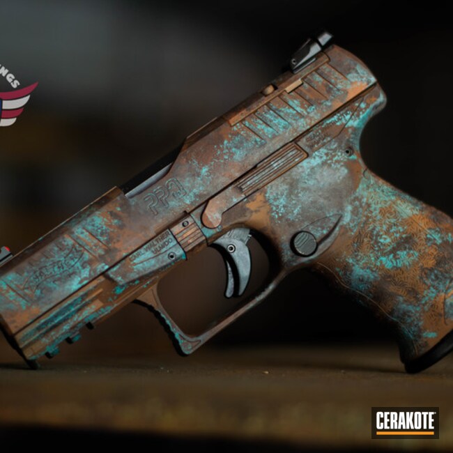 Copper Patina Walther Ppq Pistol Cerakoted Using Robin's Egg Blue And Copper