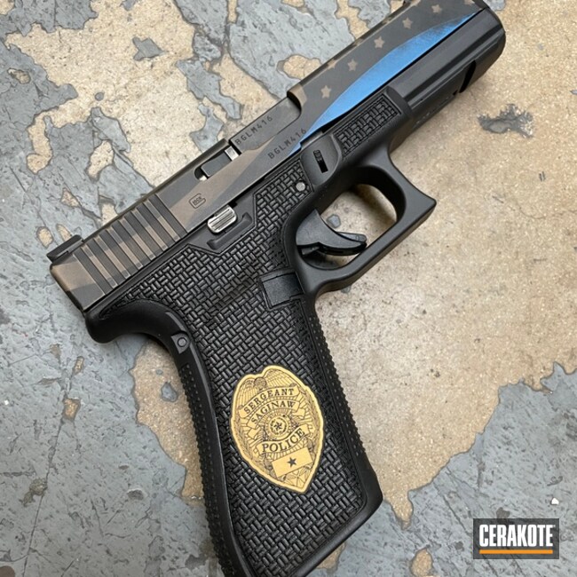 Thin Blue Line Themed Glock 17 Pistol Cerakoted Using Armor Black, Nra Blue And Magpul® Flat Dark Earth