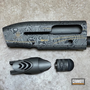 Damascus Steel Themed Beretta Shotgun Receiver Cerakoted Using Gun Metal Grey, Cobalt And Gold