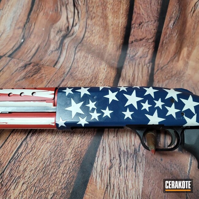 American Flag Themed Mossberg 590 Cerakoted Using Kel-tec® Navy Blue, Stormtrooper White And Habanero Red
