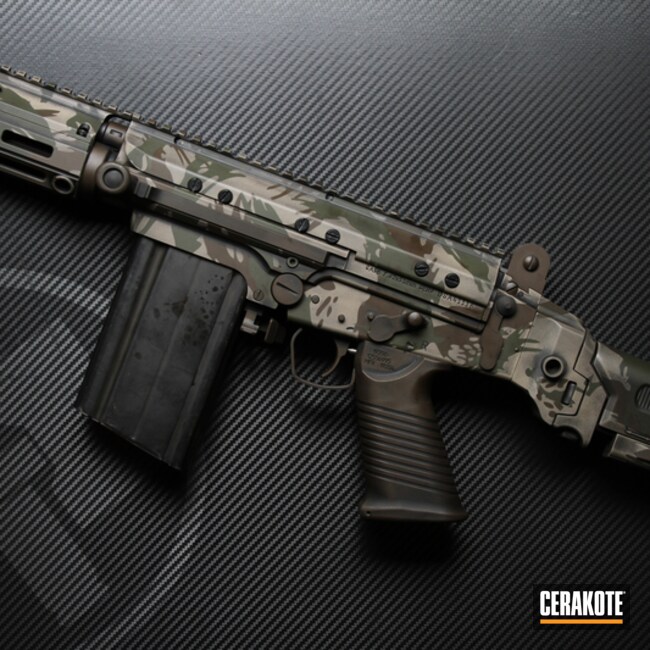 Brush Camo Tactical Rifle Cerakoted Using Graphite Black, Flat Dark Earth And Mil Spec O.d. Green