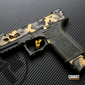 Custom Camo Glock 19 Pistol Cerakoted Using Graphite Black, Tungsten And Gold