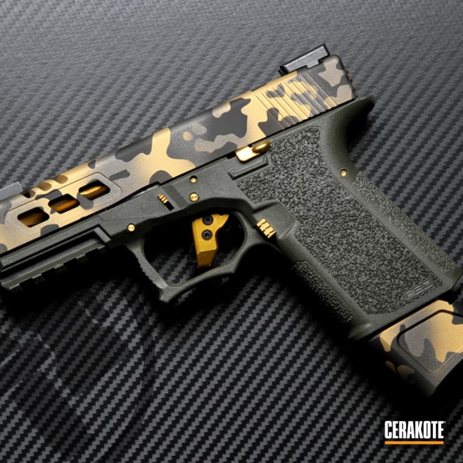 Custom Camo Glock 19 Pistol Cerakoted Using Graphite Black, Tungsten And Gold