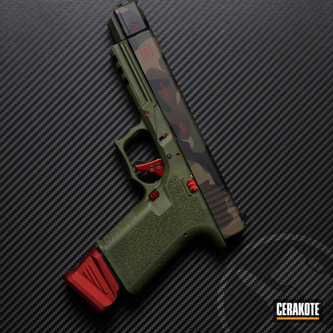 Woodland Camo Glock 17 Pistol Cerakoted Using Usmc Red, Chocolate Brown And Graphite Black