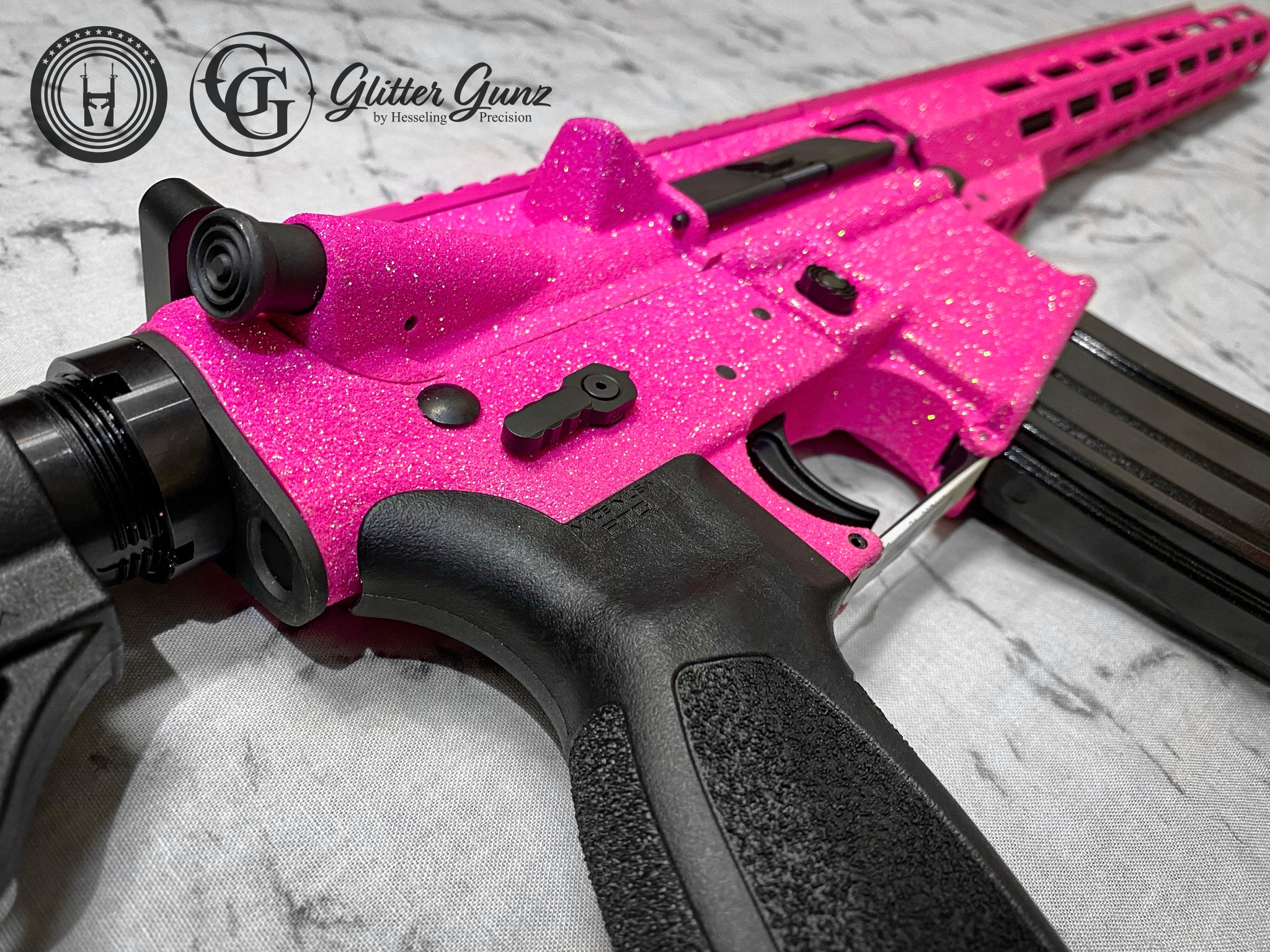 Pink Platic Rifle Glittered AR Cerakoted using Prison Pink | Cerakote