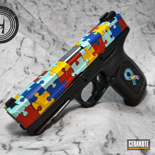 Smith & Wesson Sd40ve Cerakoted Using Sunflower, Habanero Red And Nra Blue