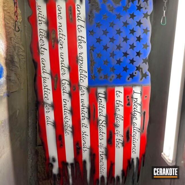 Metal Art Distressed American Flag  Cerakoted Using Hidden White, Armor Black And Stoplight Red