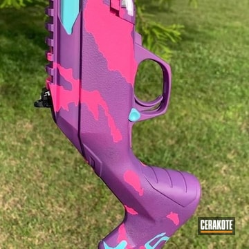Custom Camo Winchester Rifle Cerakoted Using Prison Pink, Robin's Egg Blue And Bright Purple