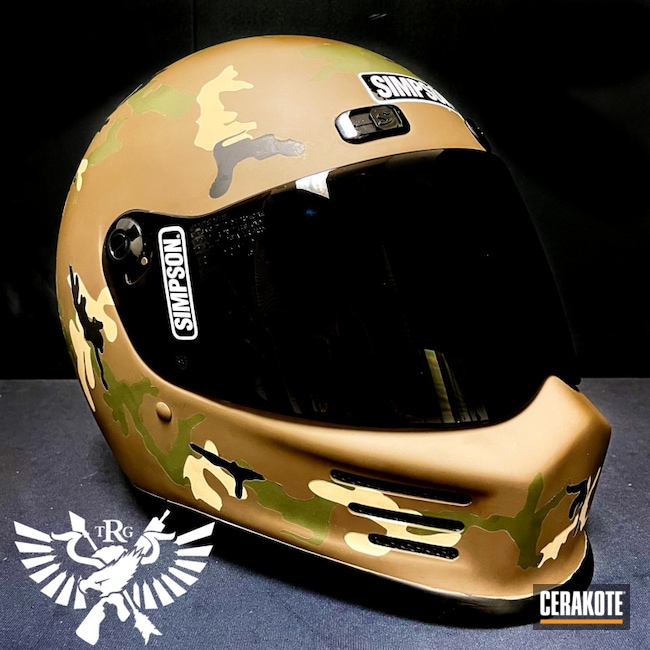 Custom Camo Simpson Helmet Cerakoted Using Forest Green, Glock® Fde And Graphite Black