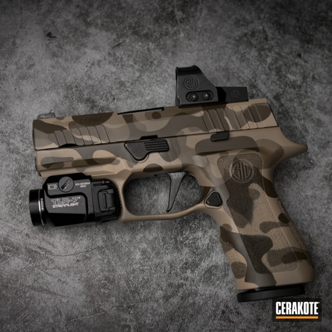 Custom Camo Sig Sauer P320 Pistol Cerakoted Using Desert Sand, Patriot Brown And Flat Dark Earth