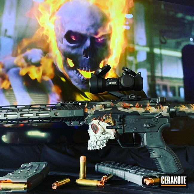 Skull Themed Ar Build Cerakoted Using Hunter Orange, Armor Black And Stormtrooper White