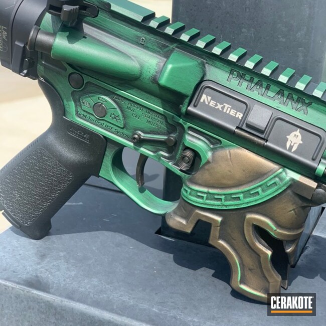Spike's Tactical Spartan Themed Ar Cerakoted Using Squatch Green, Armor Black And Titanium