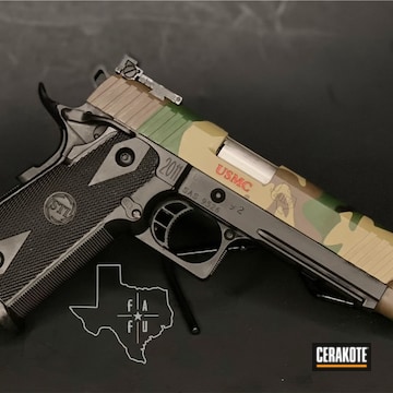 Woodland Camo Sti 1911 Cerakoted Using Desert Sand, Forest Green And Usmc Red