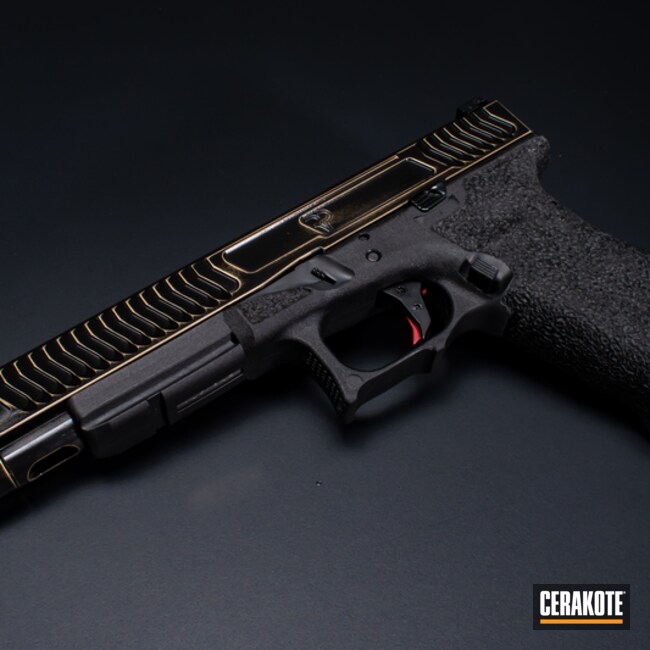 Distressed Glock 17l Cerakoted Using Graphite Black And Gold