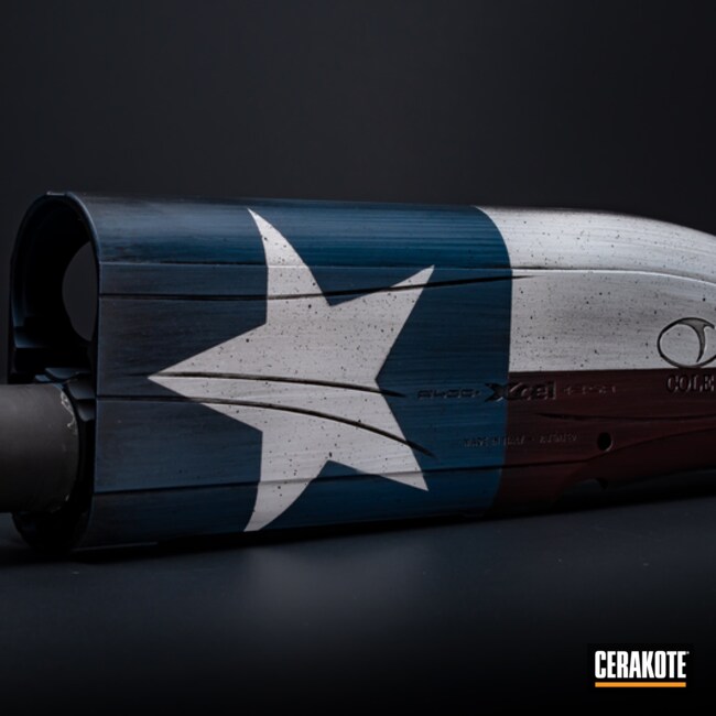 Battleworn Texas Flag Themed Shotgun Receiver Cerakoted Using Ridgeway Blue, Bright White And Graphite Black