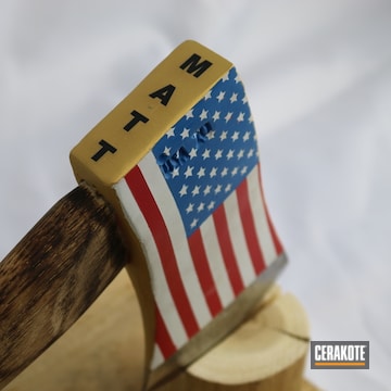 American Flag Themed Throwing Axe Cerakoted Using Ridgeway Blue, Frost And Rose Gold