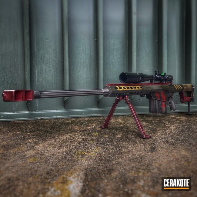 Mandalorian Themed Barrett Rifle Cerakoted Using Crimson, Armor Black And Titanium