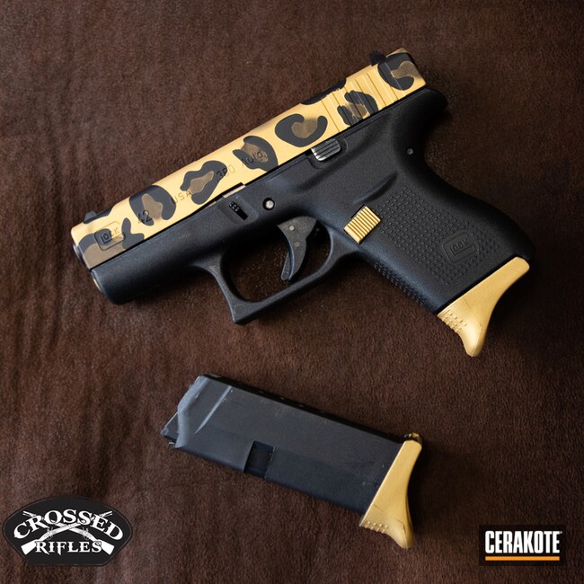 Cheetah Print Themed Glock 43 Cerakoted Using Graphite Black And Gold