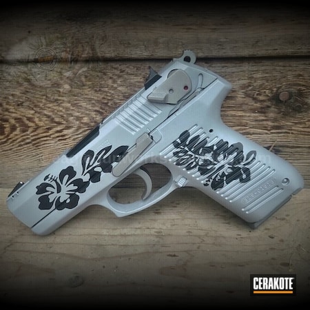 Powder Coating: 9mm,Graphite Black H-146,S.H.O.T,Crushed Silver H-255,Pistol,Custom Stencil,Ruger,Flowers,Semi-Auto,Ruger P95 DC,Titanium H-170
