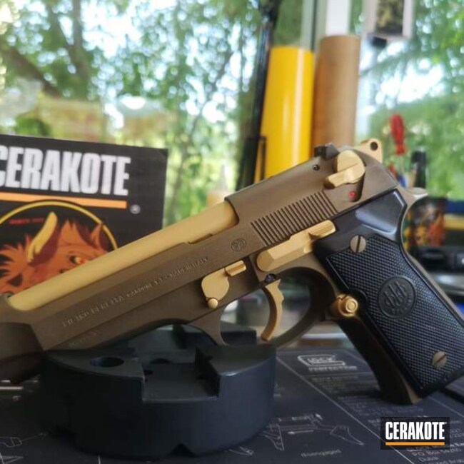 Beretta Pistol Cerakoted Using Burnt Bronze And Gold
