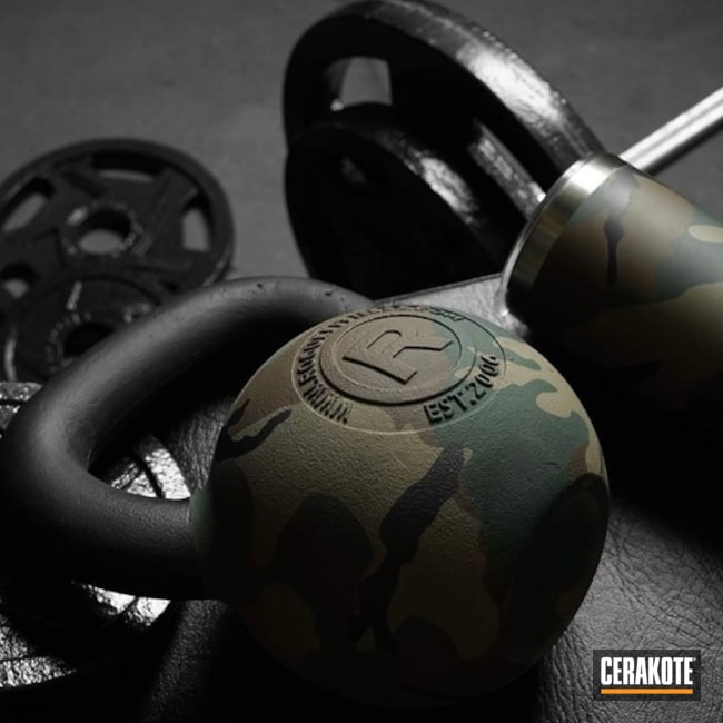 Woodland Camo Rogue Kettle Bell And Yeti Tumbler Cerakoted Using Highland Green, Mcmillan® Tan And Chocolate Brown