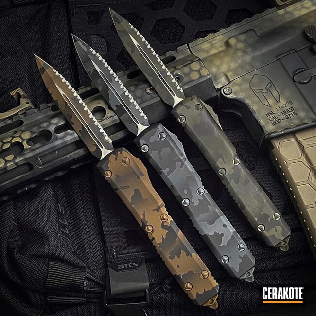 Custom Camo Microtech Knives Cerakoted Using Polar Blue, O.d. Green And Burnt Bronze