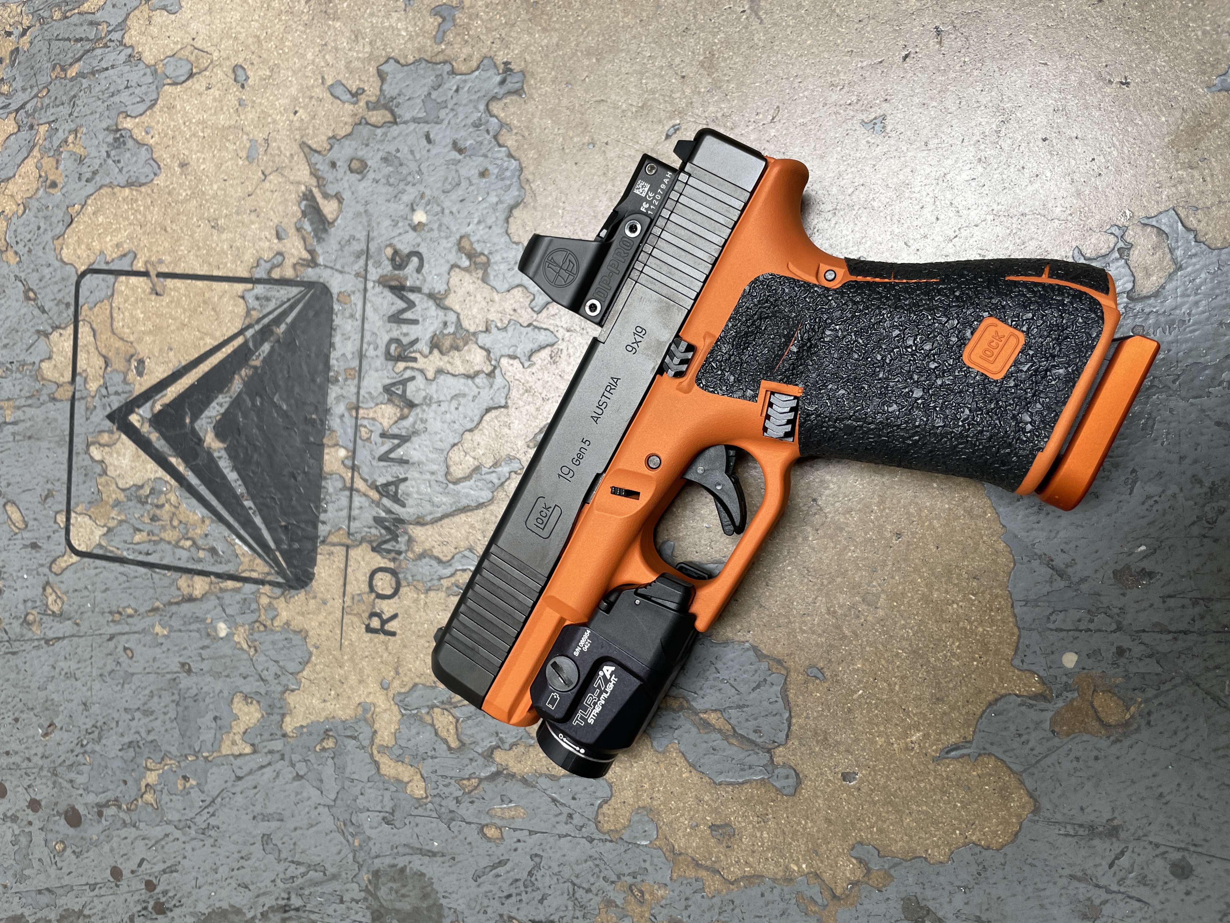Glock 19 Gen 5 Cerakoted using Tequila Sunrise and Gold | Cerakote