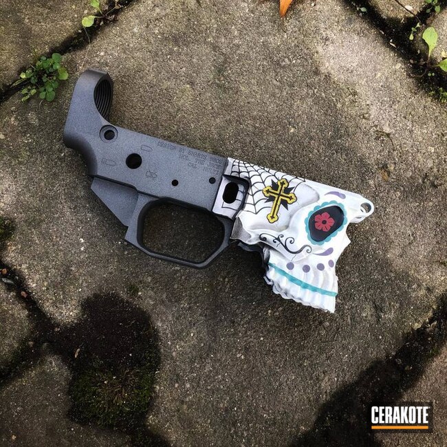 Sugar Skull Themed Spike's Tactical Ar Lower Cerakoted Using Bright White, Corvette Yellow And Graphite Black