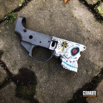 Sugar Skull Themed Spike's Tactical Ar Lower Cerakoted Using Bright White, Corvette Yellow And Graphite Black
