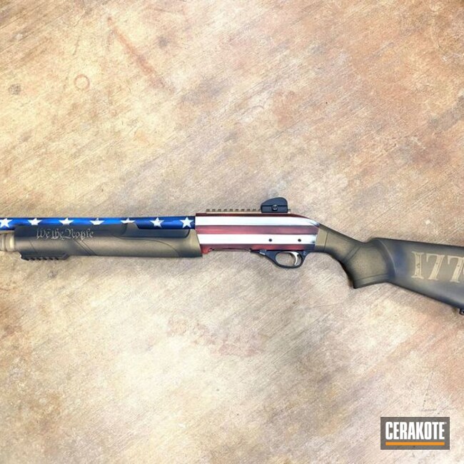 Distressed American Flag Themed Black Aces Shotgun Cerakoted Using Bright White, Nra Blue And Graphite Black