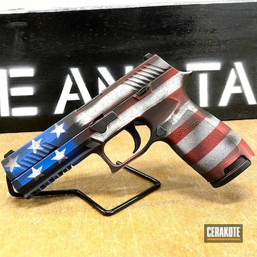 Battleworn American Flag Themed Sig Sauer P320 Pistol Cerakoted Using Bright White, Nra Blue And Graphite Black