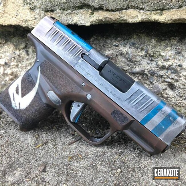 Mandalorian Themed Springfield Armory Hellcat Pistol Cerakoted Using Multicam® Dark Brown, Crushed Silver And Bright White