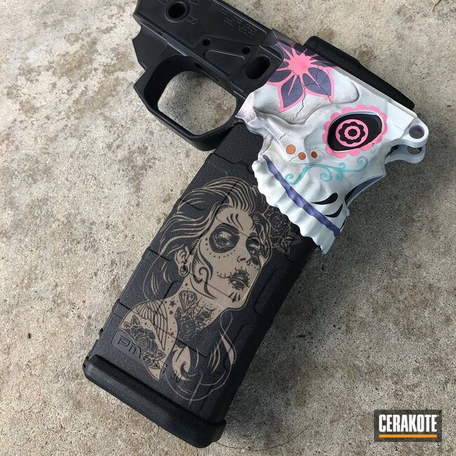 Sugar Skull Themed Ar Lower And Mag Cerakoted Using Sunflower, Tequila Sunrise And Pink Sherbet