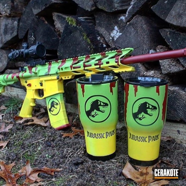 Jurassic Park Themed Ar And Tumblers Cerakoted Using Crimson, Zombie Green And Corvette Yellow