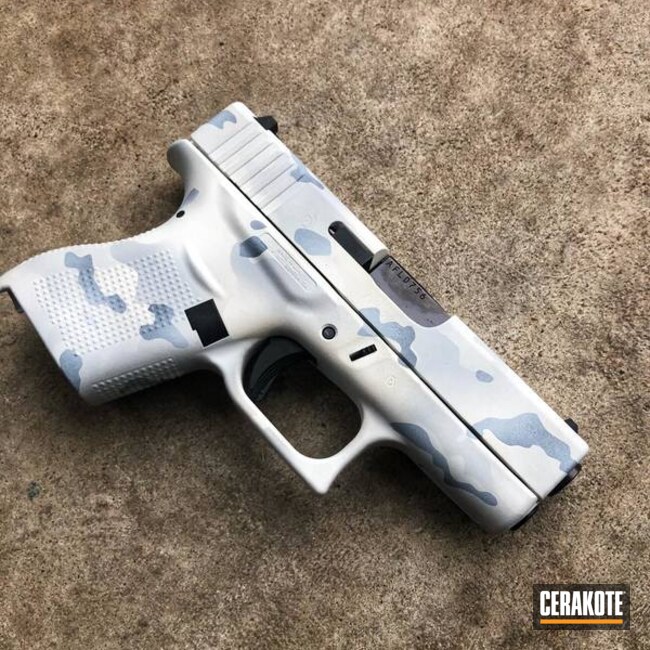 Custom Camo Glock 43 Cerakoted Using Multicam® Dark Grey, Snow White And Battleship Grey