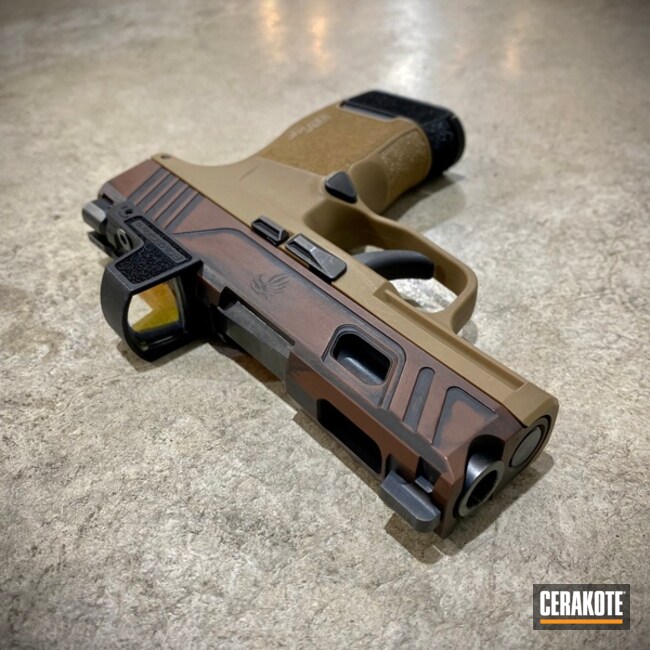 Battleworn Sig Sauer P365 Pistol Cerakoted Using Multicam® Dark Brown And Graphite Black