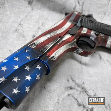 Battleworn American Flag Themed Colt 1911 Pistol Cerakoted Using Armor Black, Habanero Red And Hidden White