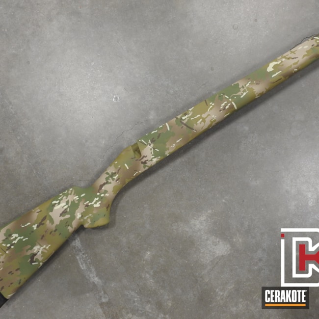 Multicam Rifle Stock Cerakoted Using Desert Sand, Multicam® Pale Green And Chocolate Brown