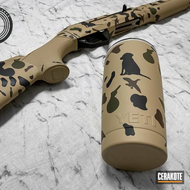 Custom Benelli Shotgun And Yeti Tumbler Cerakoted Using Armor Black, Desert Sand And Barrett® Bronze